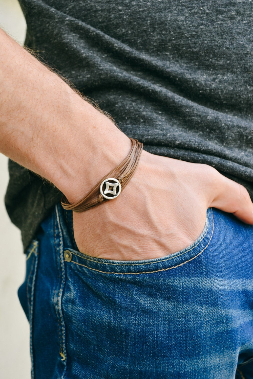 Silver circle wrapped bracelet for men, brown cord - shani-adi-jewerly