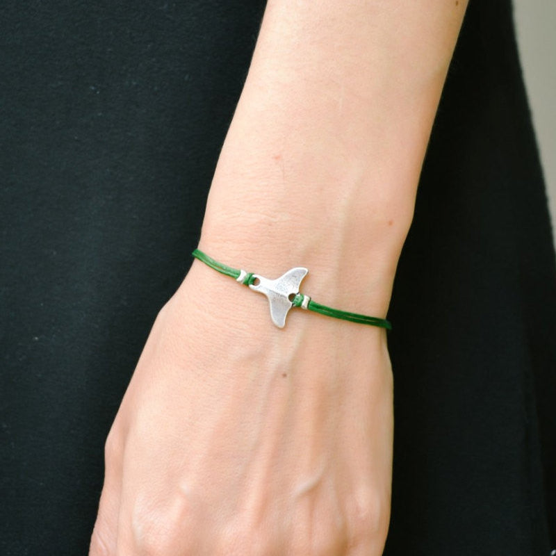 Silver whale tail bracelet, green cord - shani-adi-jewerly