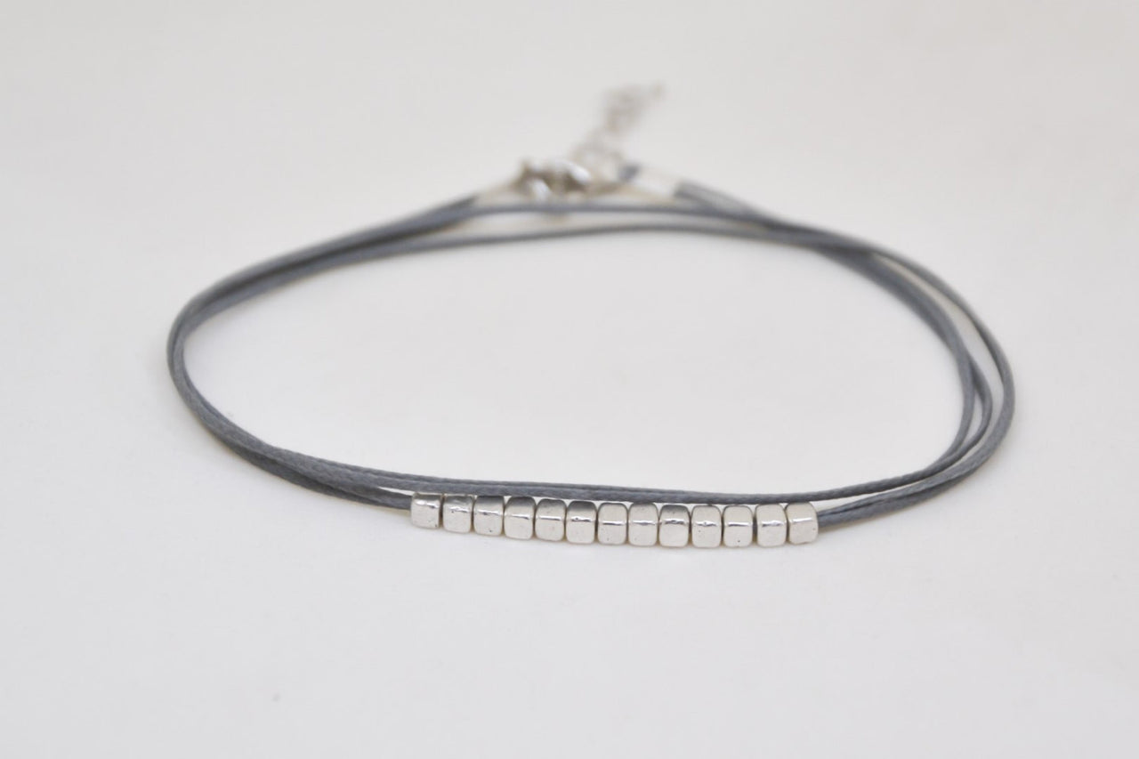 Wrap gray ankle bracelet with matt silver nugget beads cubes - shani-adi-jewerly