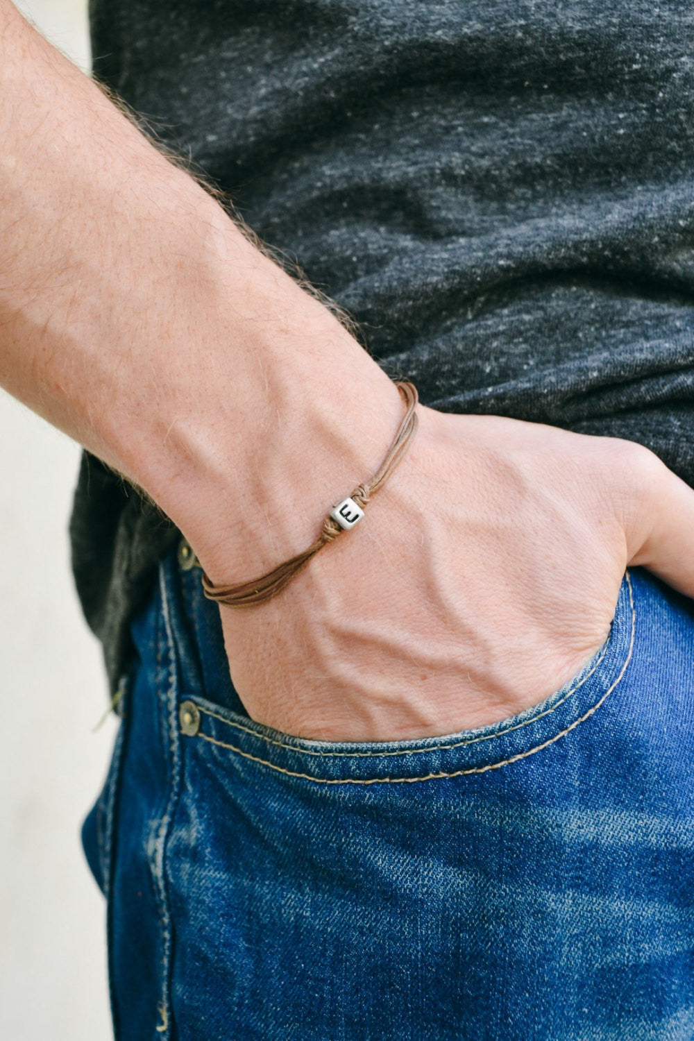 Initial bracelet for men, brown cord - shani-adi-jewerly