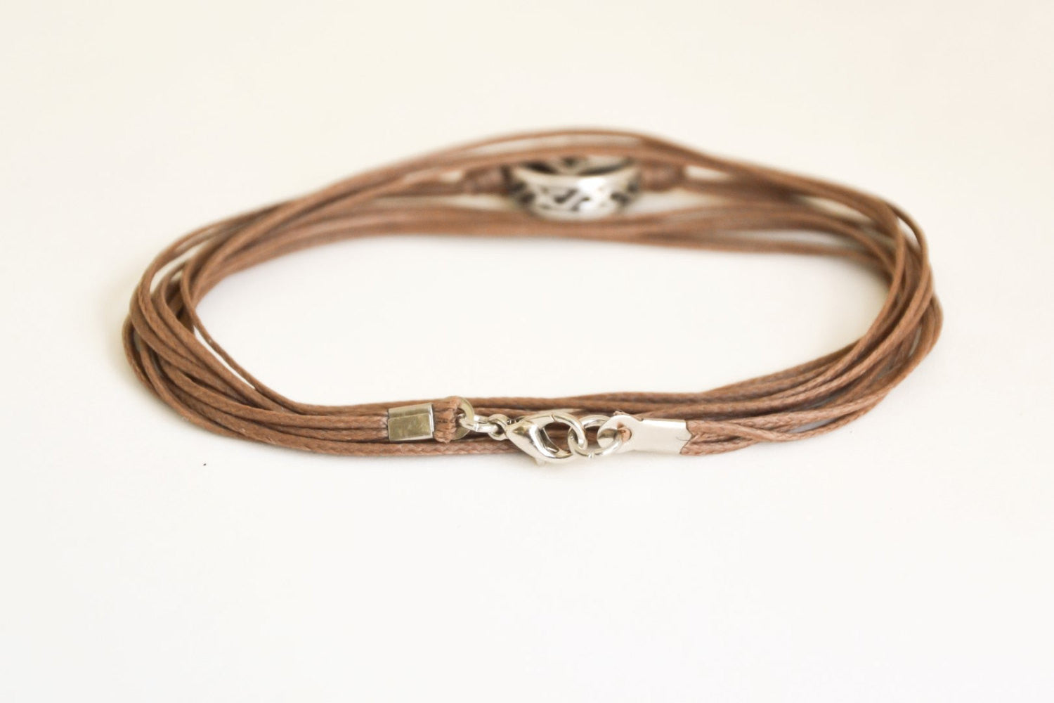 Silver circle wrapped bracelet for men, brown cord - shani-adi-jewerly
