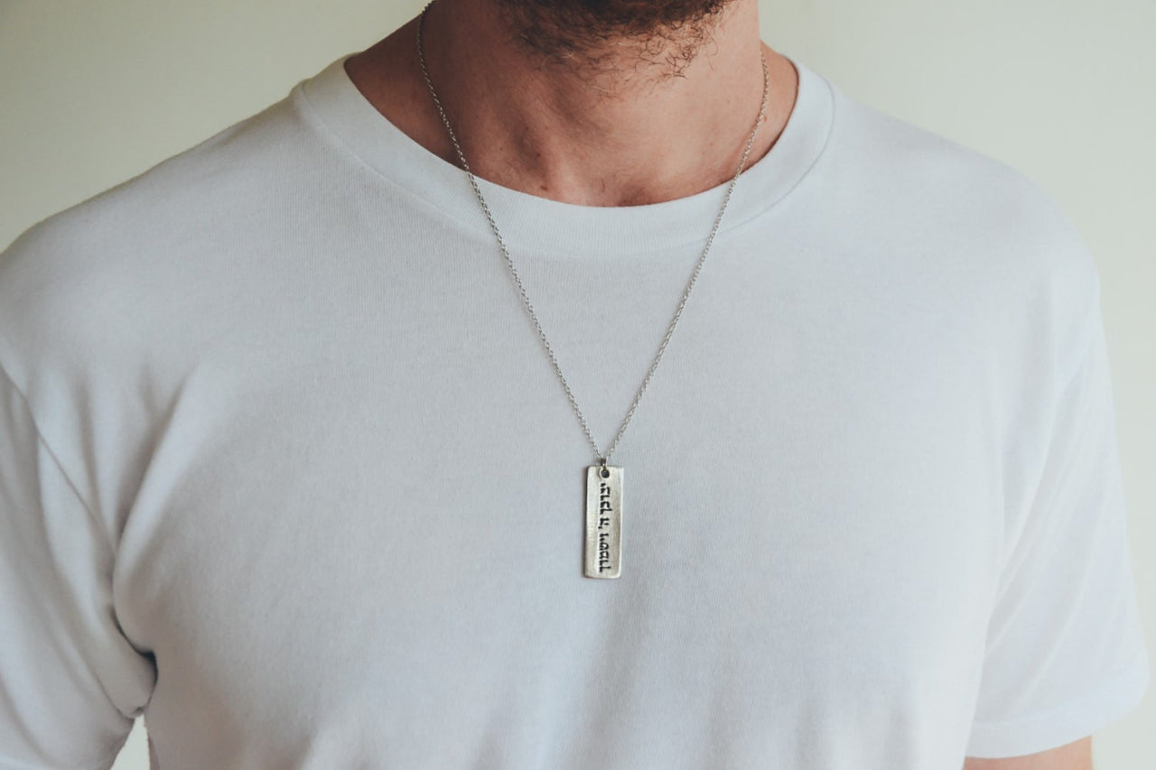 Men's necklace with a silver plaque Hebrew sentence God Bless You, stainless steel chain - shani-adi-jewerly