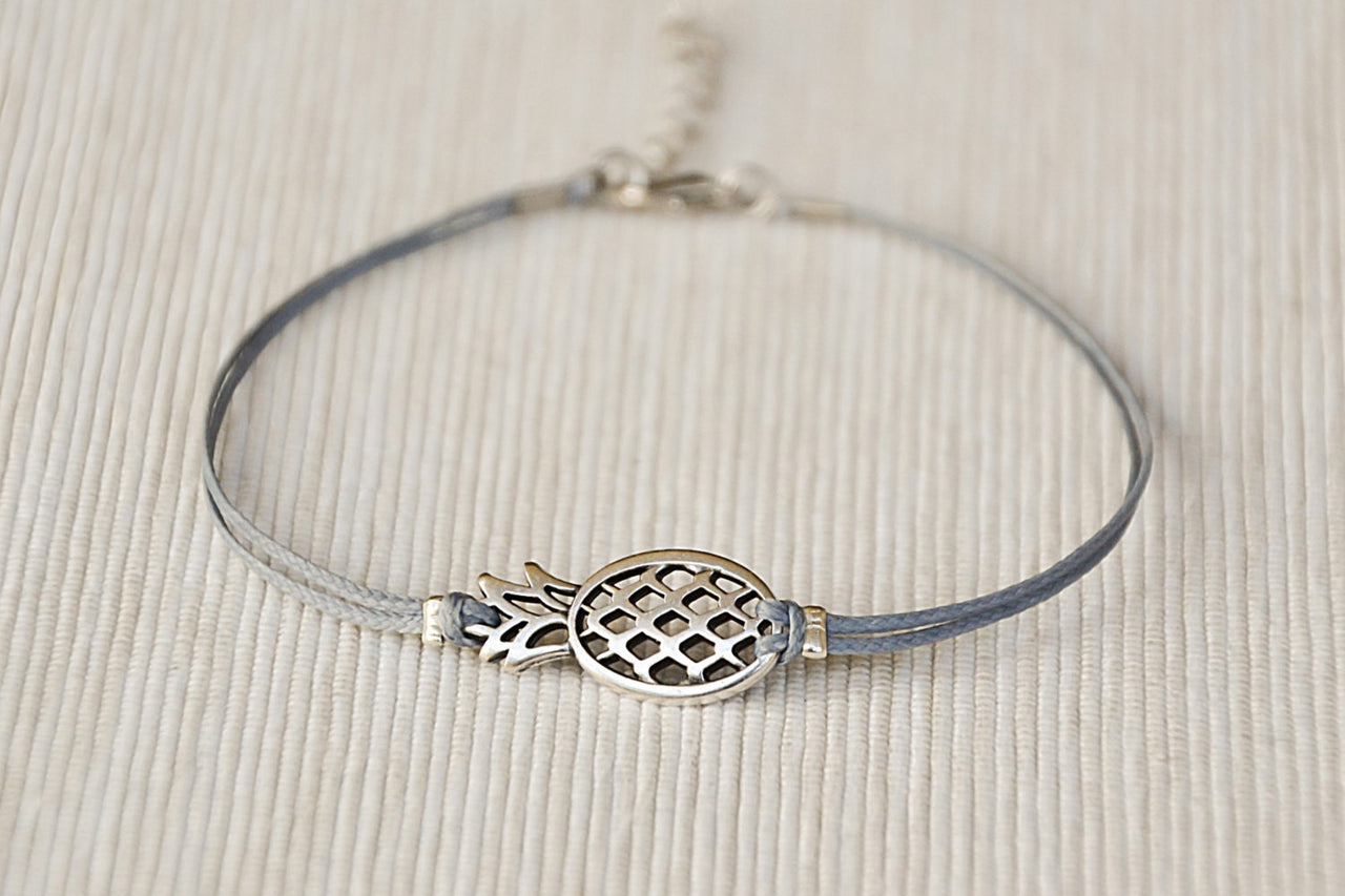 Gray cord anklet with silver Pineapple charm - shani-adi-jewerly