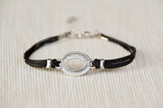 Black cord bracelet with a silver oval circle charm, Mothers day gift - shani-adi-jewerly