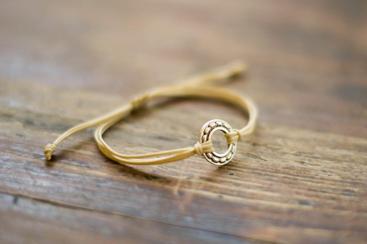 Silver Karma bracelet, beige cord, adjustable sliding knot - shani-adi-jewerly