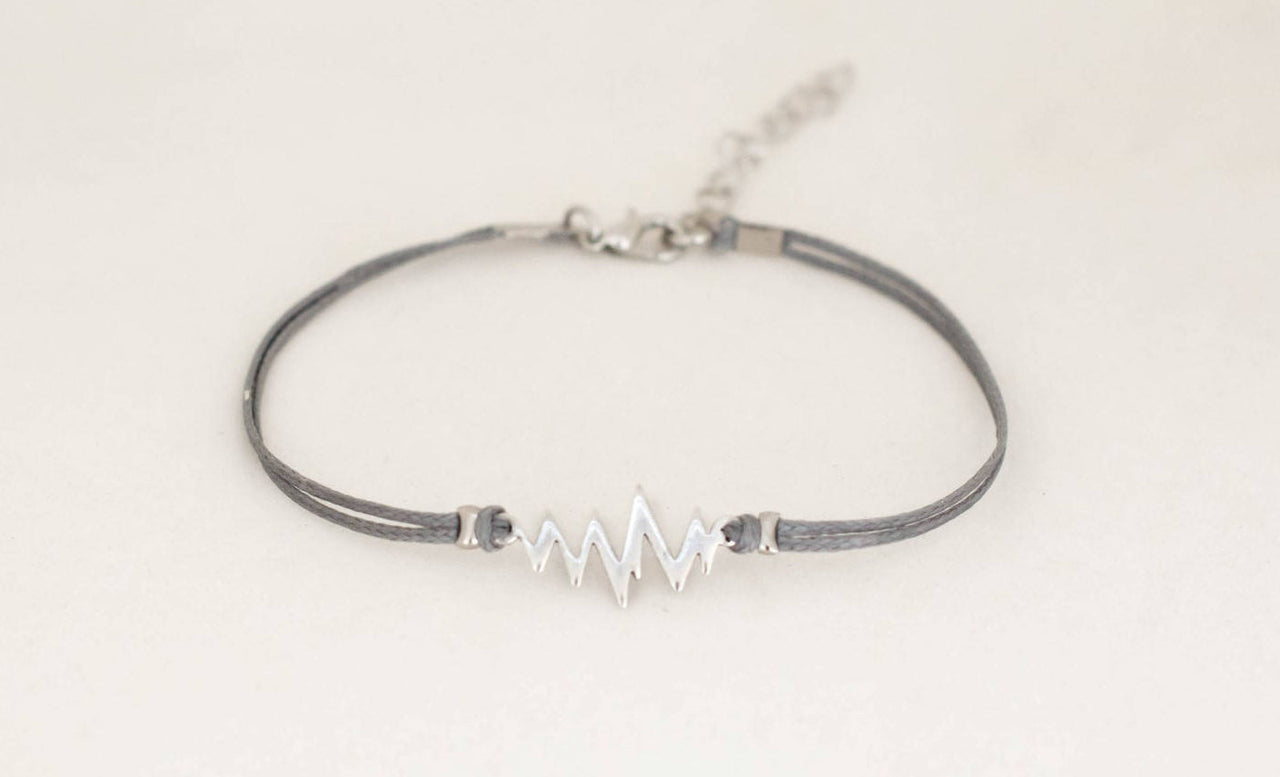 Silver Heartbeat women's bracelet, gray strings, adjustable, mothers day gift for her - shani-adi-jewerly