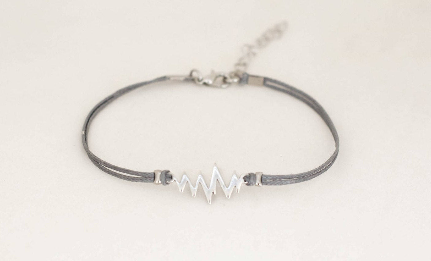 Silver Heartbeat women's bracelet, gray strings, adjustable, mothers day gift for her - shani-adi-jewerly