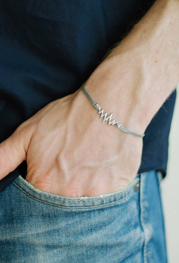 Silver heartbeat bracelet for men, gray cord, Valentine's day gift for him - shani-adi-jewerly