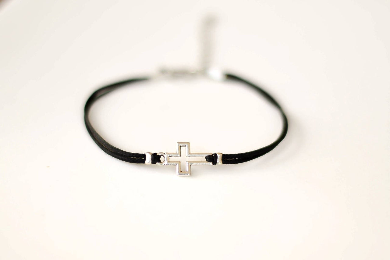 Women bracelet with silver outline cross charm, black cord - shani-adi-jewerly