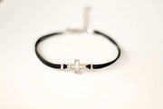 Women bracelet with silver outline cross charm, black cord - shani-adi-jewerly