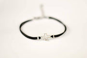 Women bracelet with silver outline cross charm, black cord - shani-adi-jewerly