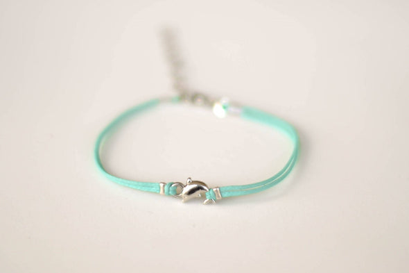 Silver Dolphin Bracelet for her, turquoise cord - shani-adi-jewerly