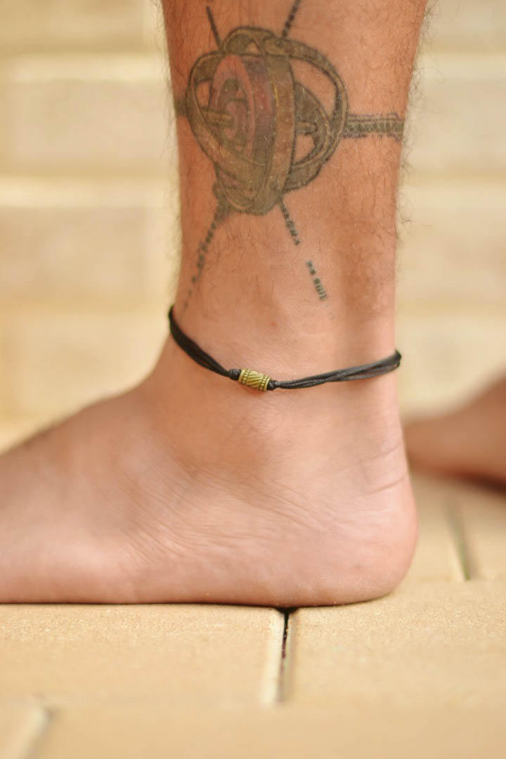 Bronze tube bead anklet for men, black cord - shani-adi-jewerly