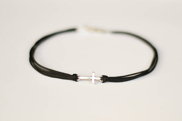 Men's anklet with a silver cross charm, black cord anklet - shani-adi-jewerly