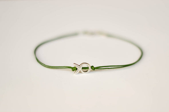 Silver fish bead anklet for men, green cord - shani-adi-jewerly