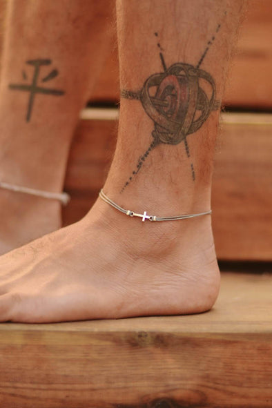 Silver cross anklet for men, gray cord, Valentine's day gift for him - shani-adi-jewerly