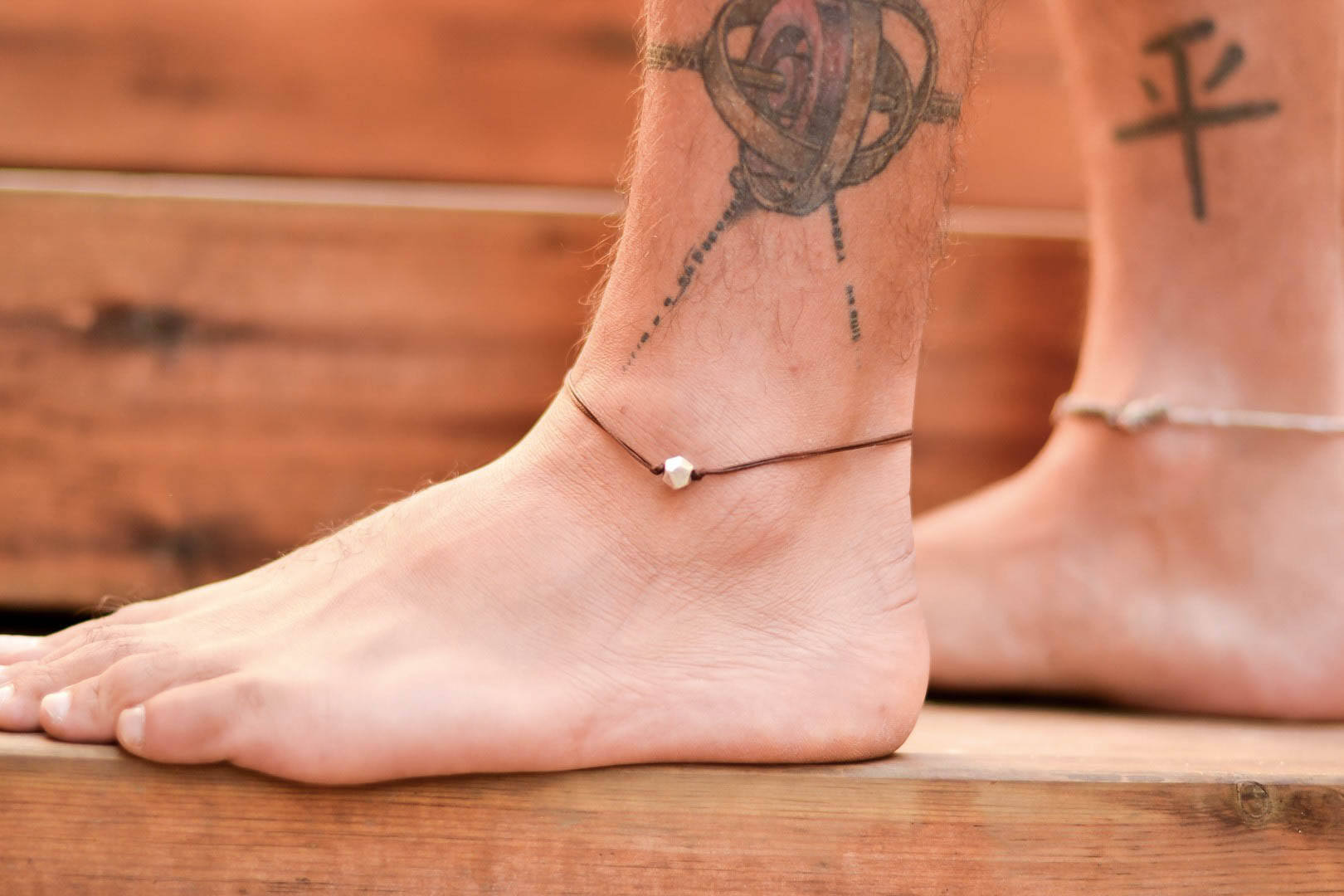 Men's anklet with a silver nugget bead, brown cord - shani-adi-jewerly