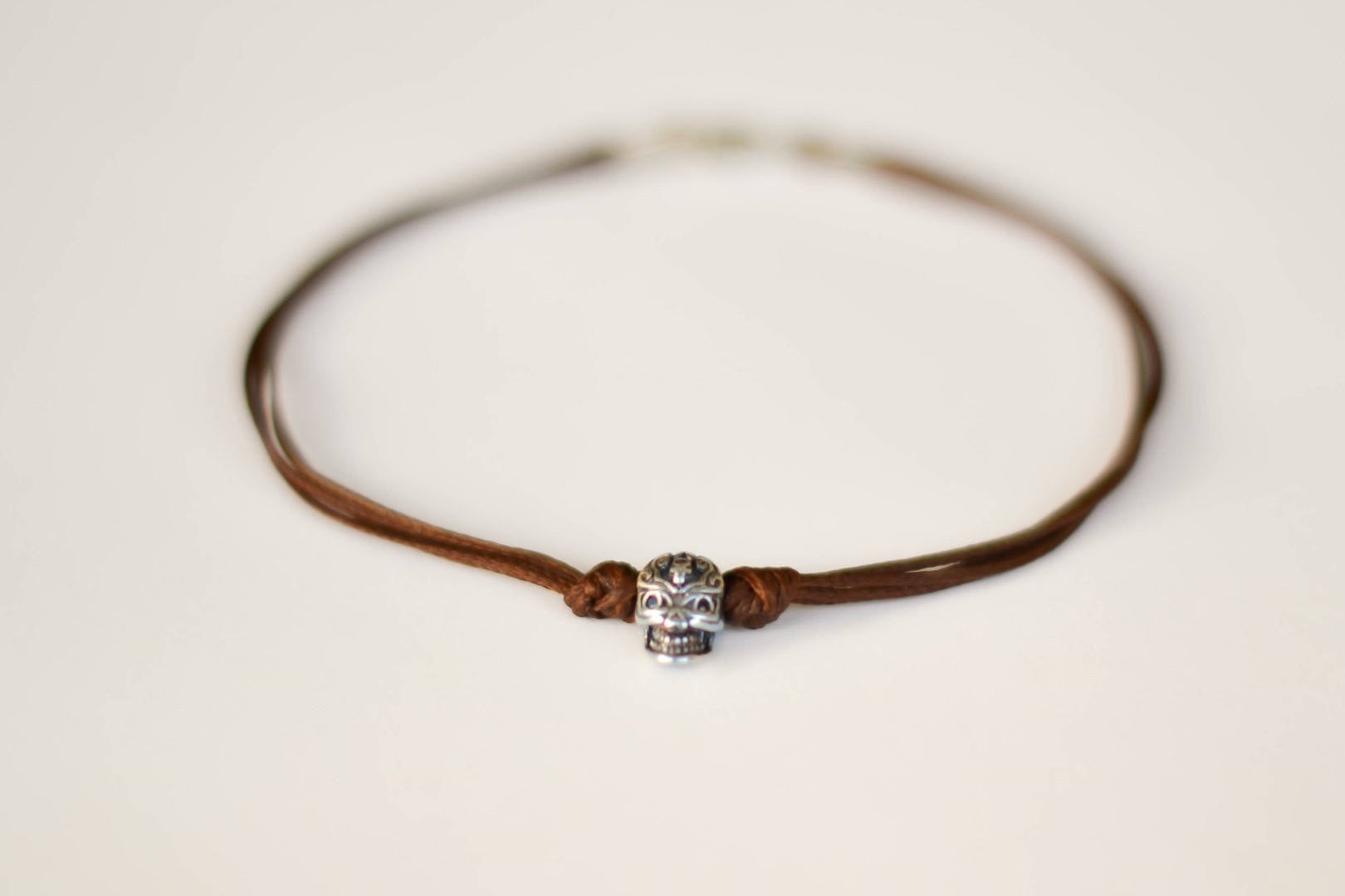 Silver skull anklet for men,  brown cord anklet - shani-adi-jewerly