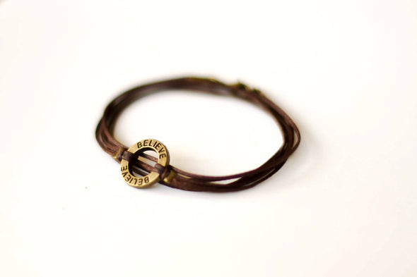 Believe wrapped bracelet for men, bronze charm brown cord - shani-adi-jewerly