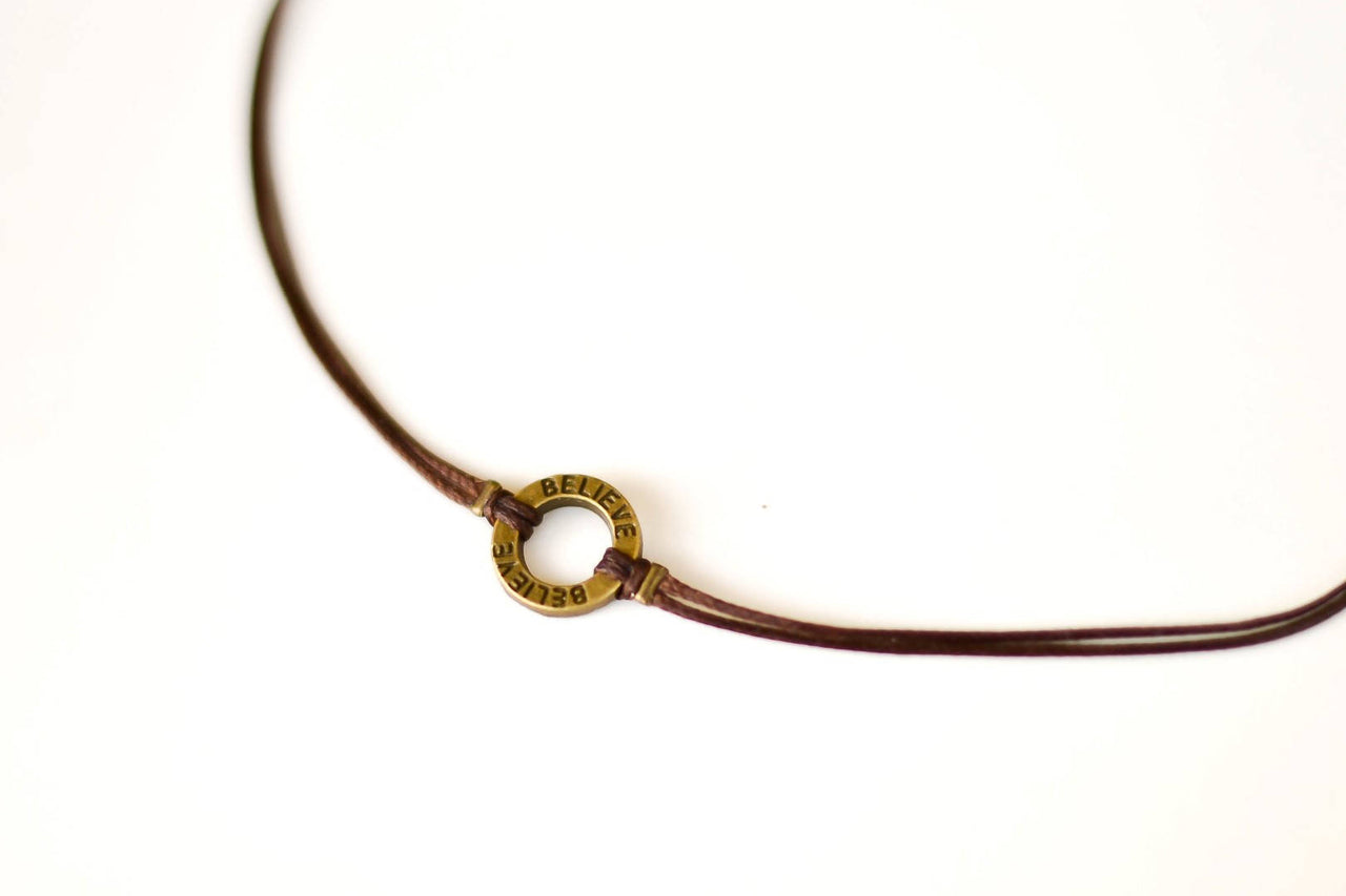 Bronze circle Believe necklace for men, brown cord, mens jewelry - shani-adi-jewerly