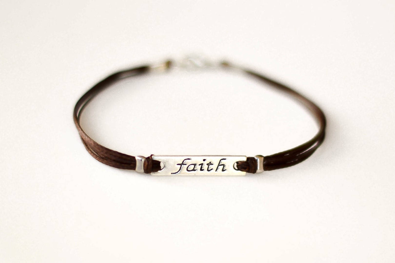 Silver Faith charm bracelet for men, brown cord, fathers day gift for him - shani-adi-jewerly