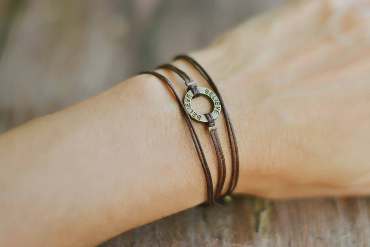 Wrapped believe bracelet, bronze charm, brown cord, mothers day gift - shani-adi-jewerly
