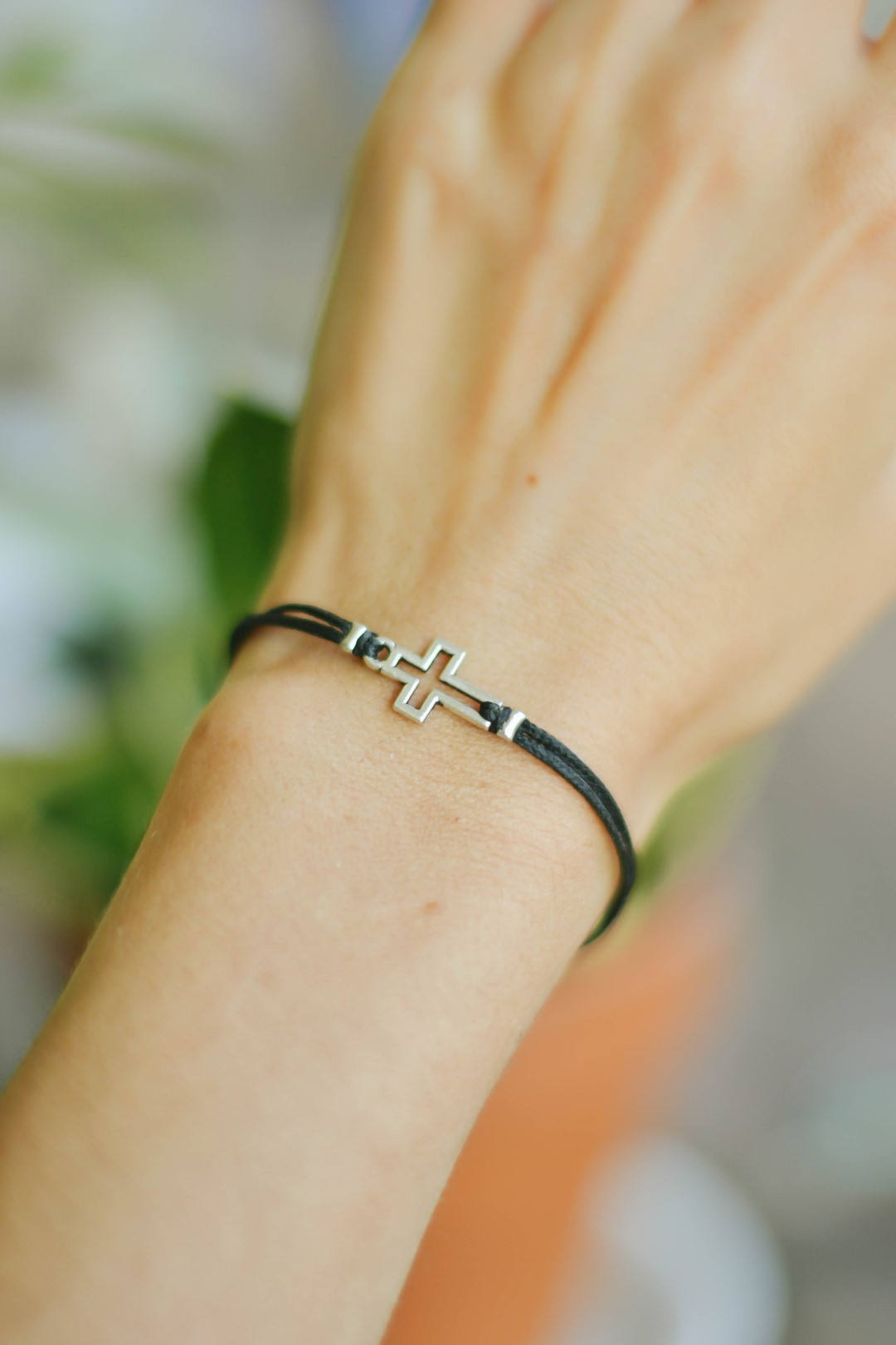 Women bracelet with silver outline cross charm, black cord - shani-adi-jewerly