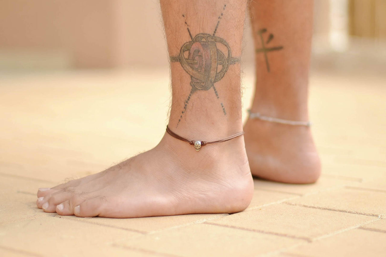 Silver skull anklet for men,  brown cord anklet - shani-adi-jewerly