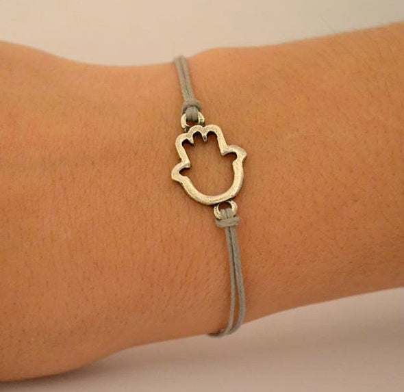 Gray cord bracelet with a silver Hamsa charm - shani-adi-jewerly