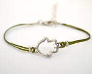 Hamsa Bracelet, green cord - shani-adi-jewerly