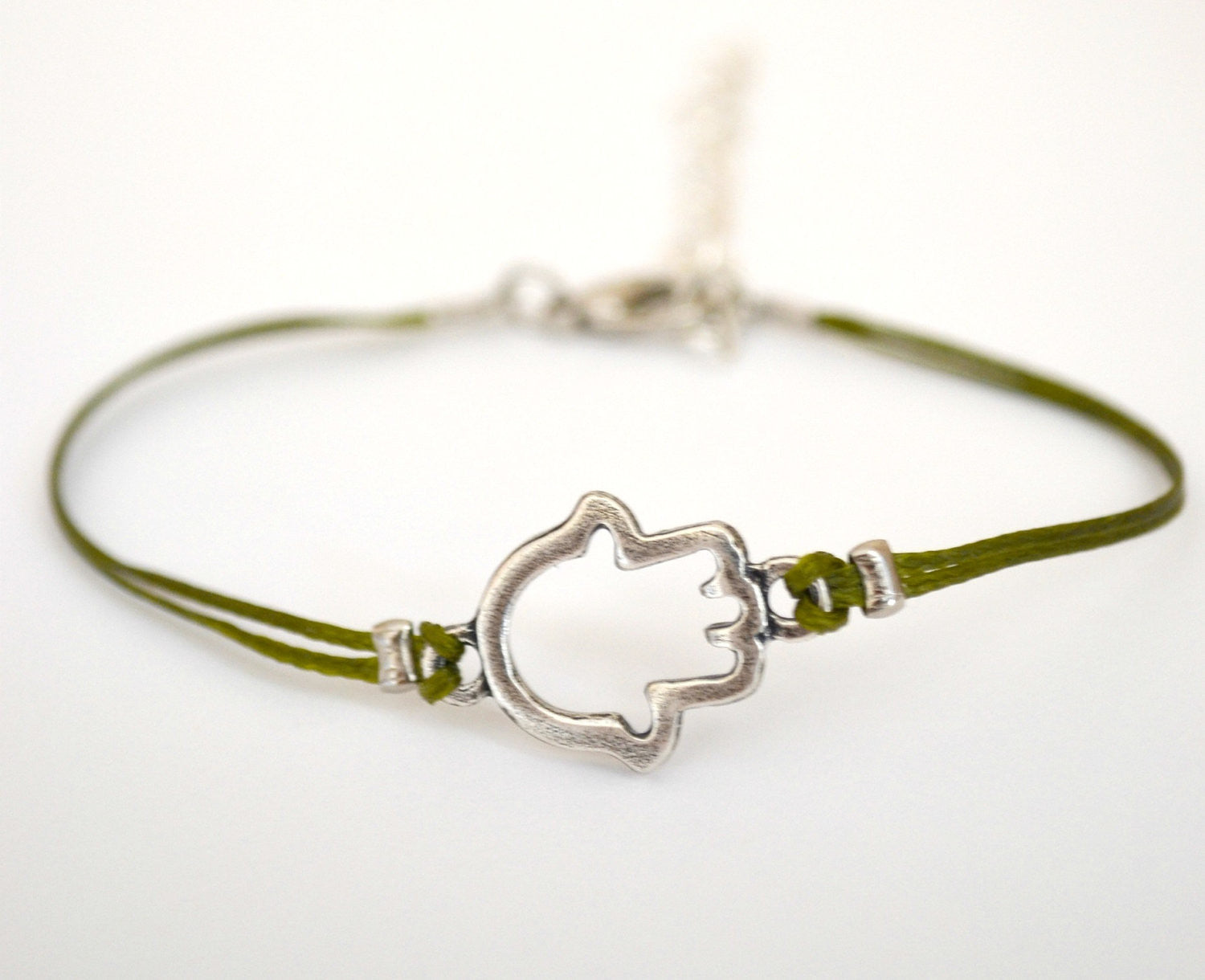 Hamsa Bracelet, green cord - shani-adi-jewerly