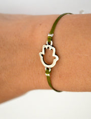 Hamsa Bracelet, green cord - shani-adi-jewerly