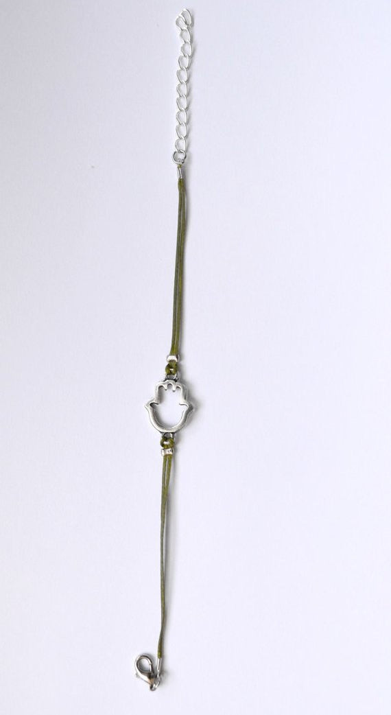 Hamsa Bracelet, green cord - shani-adi-jewerly