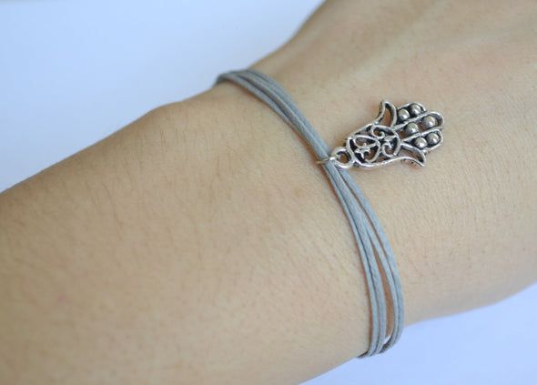 Gray cord bracelet with a hamsa charm - shani-adi-jewerly