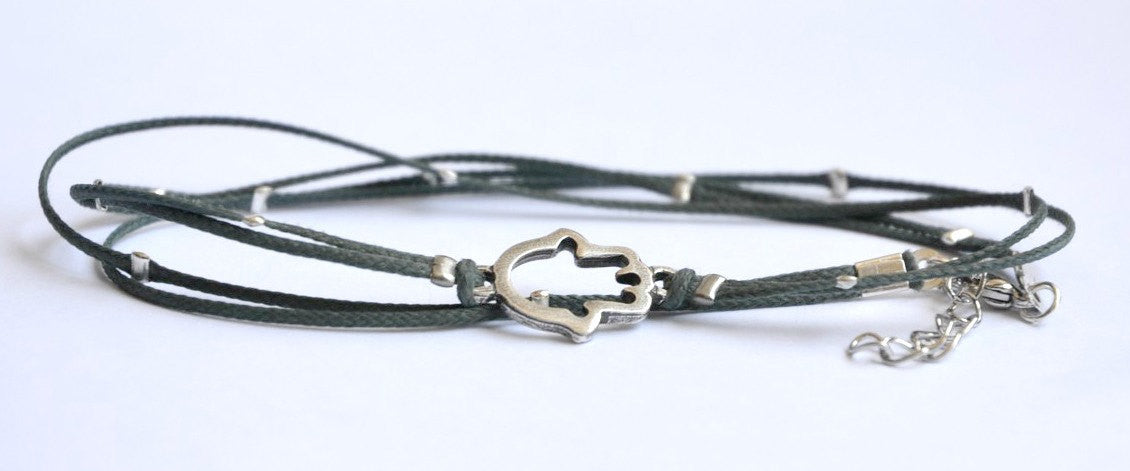 Blue ankle bracelet with a silver Hamsa hand charm - shani-adi-jewerly