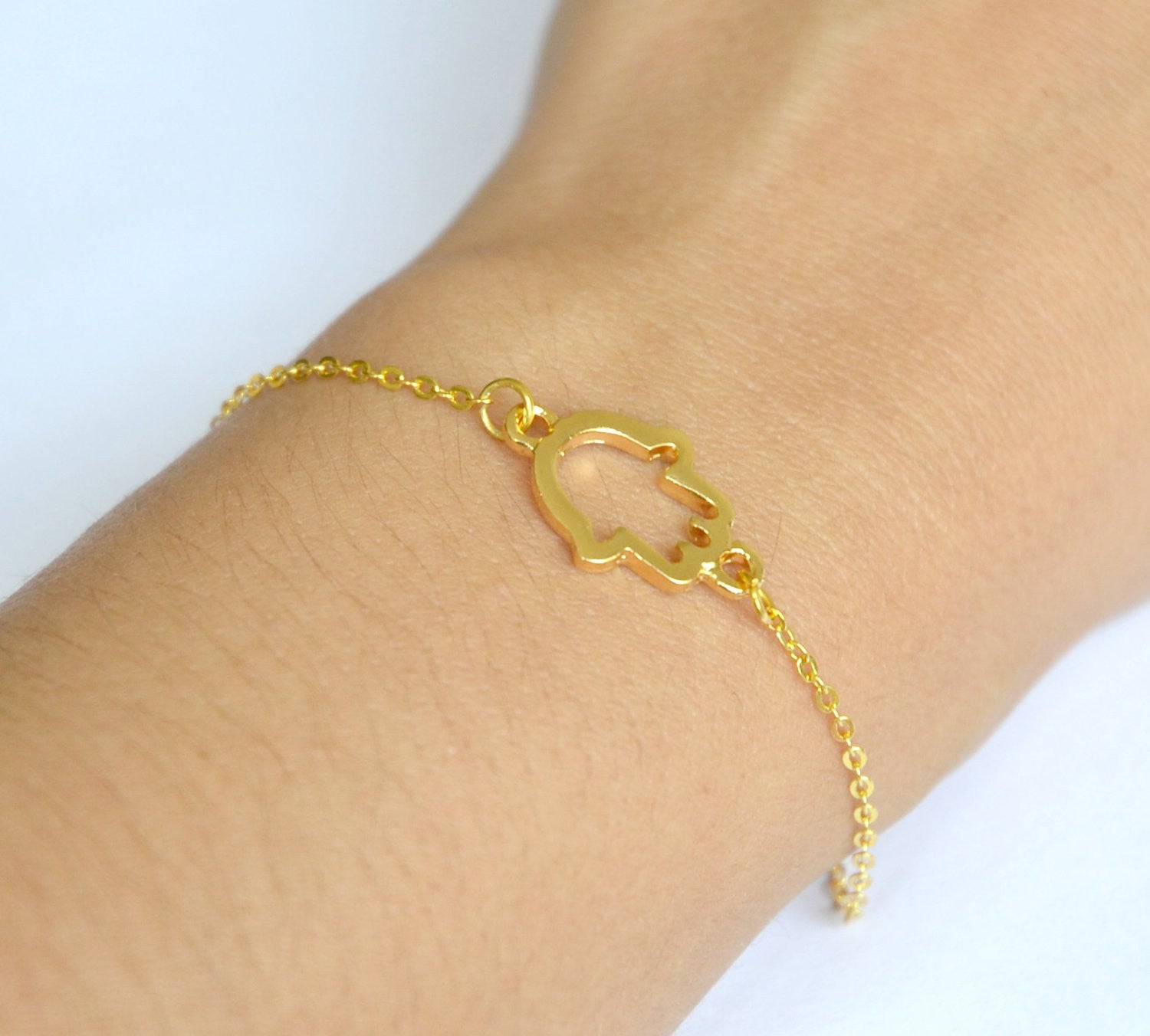 Gold chain bracelet with gold Hamsa charm - shani-adi-jewerly