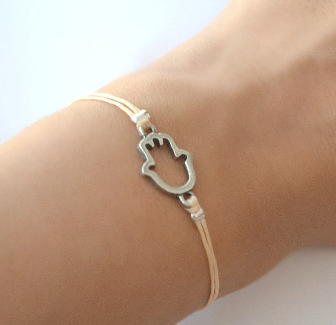 Silver Hamsa bracelet for women, beige cord, spiritual jewelry - shani-adi-jewerly