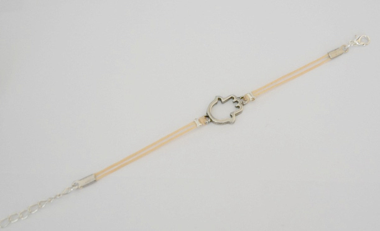 Silver Hamsa bracelet for women, beige cord, spiritual jewelry - shani-adi-jewerly