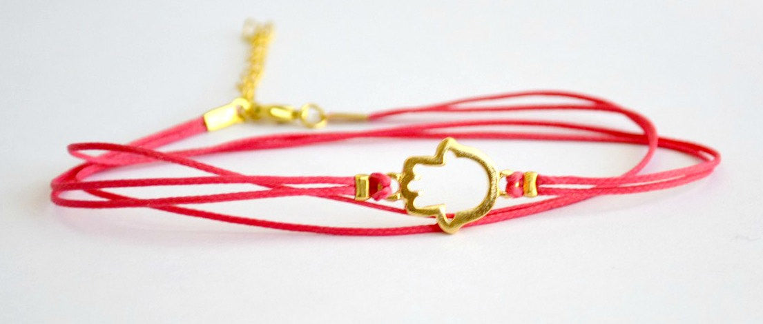 Wrap cord anklet with gold hamsa charm, bright pink cord - shani-adi-jewerly