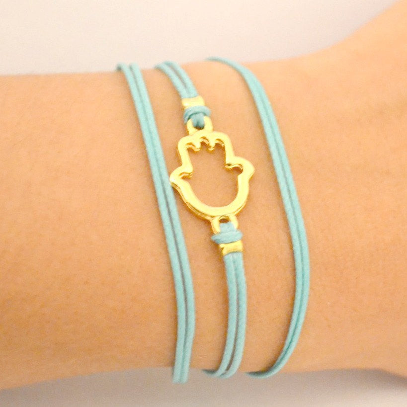 Turquoise cord wrap bracelet with gold hamsa charm - shani-adi-jewerly