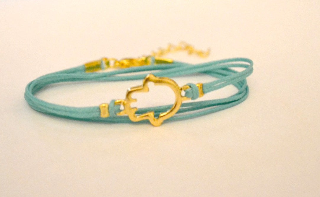 Turquoise cord wrap bracelet with gold hamsa charm - shani-adi-jewerly