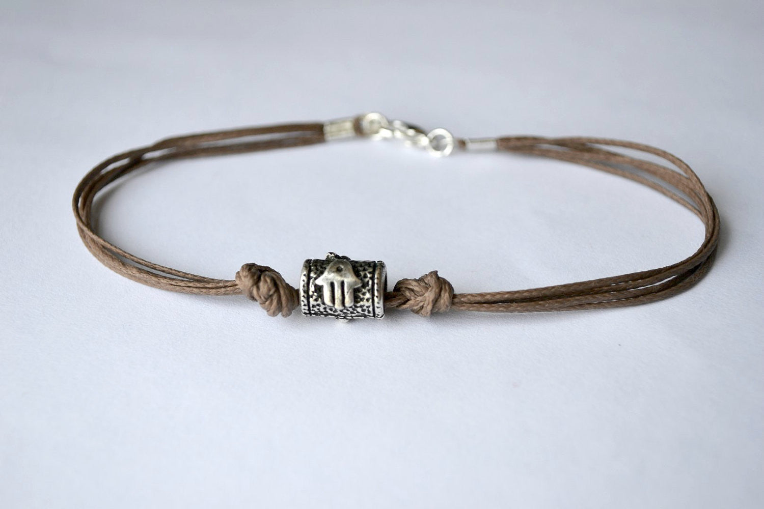 Silver bead Hamsa bracelet for men, brown cord - shani-adi-jewerly