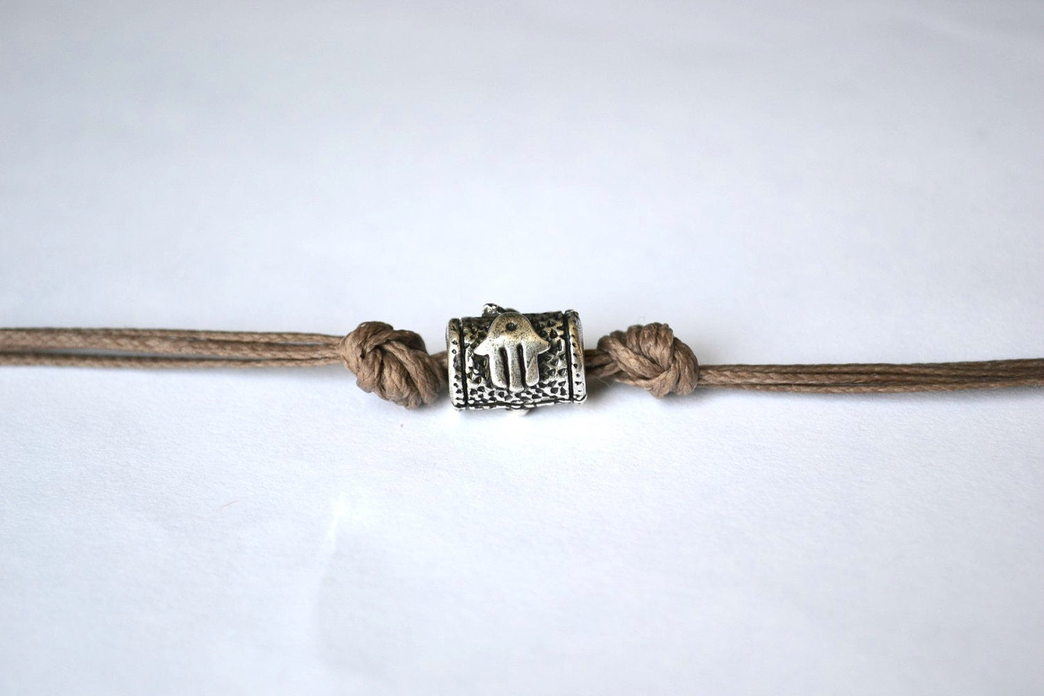Silver bead Hamsa bracelet for men, brown cord - shani-adi-jewerly