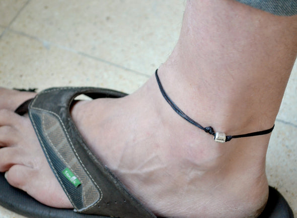 Silver tube anklet for men, black cord - shani-adi-jewerly