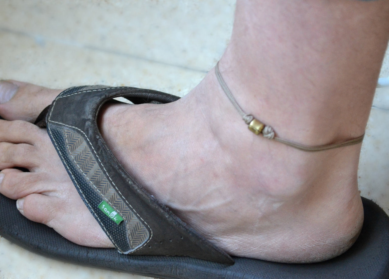 Bronze tube anklet for men, brown cord - shani-adi-jewerly