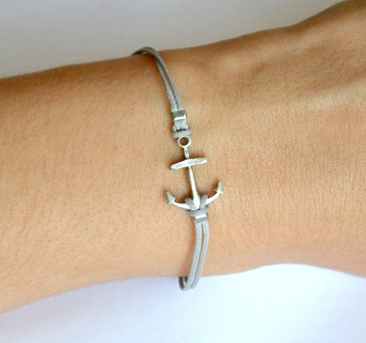 Cord bracelet with silver plated anchor charm, gray string - shani-adi-jewerly