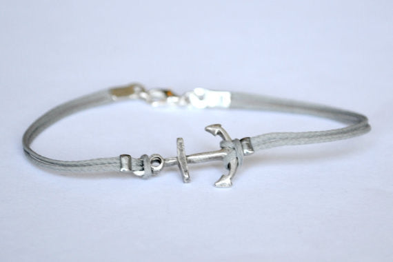 Cord bracelet with silver plated anchor charm, gray string - shani-adi-jewerly