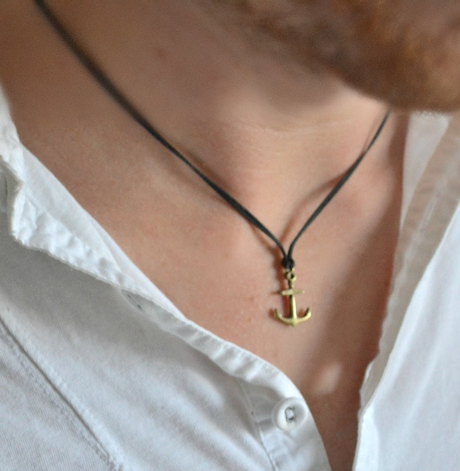 Bronze anchor necklace for men, black cord - shani-adi-jewerly