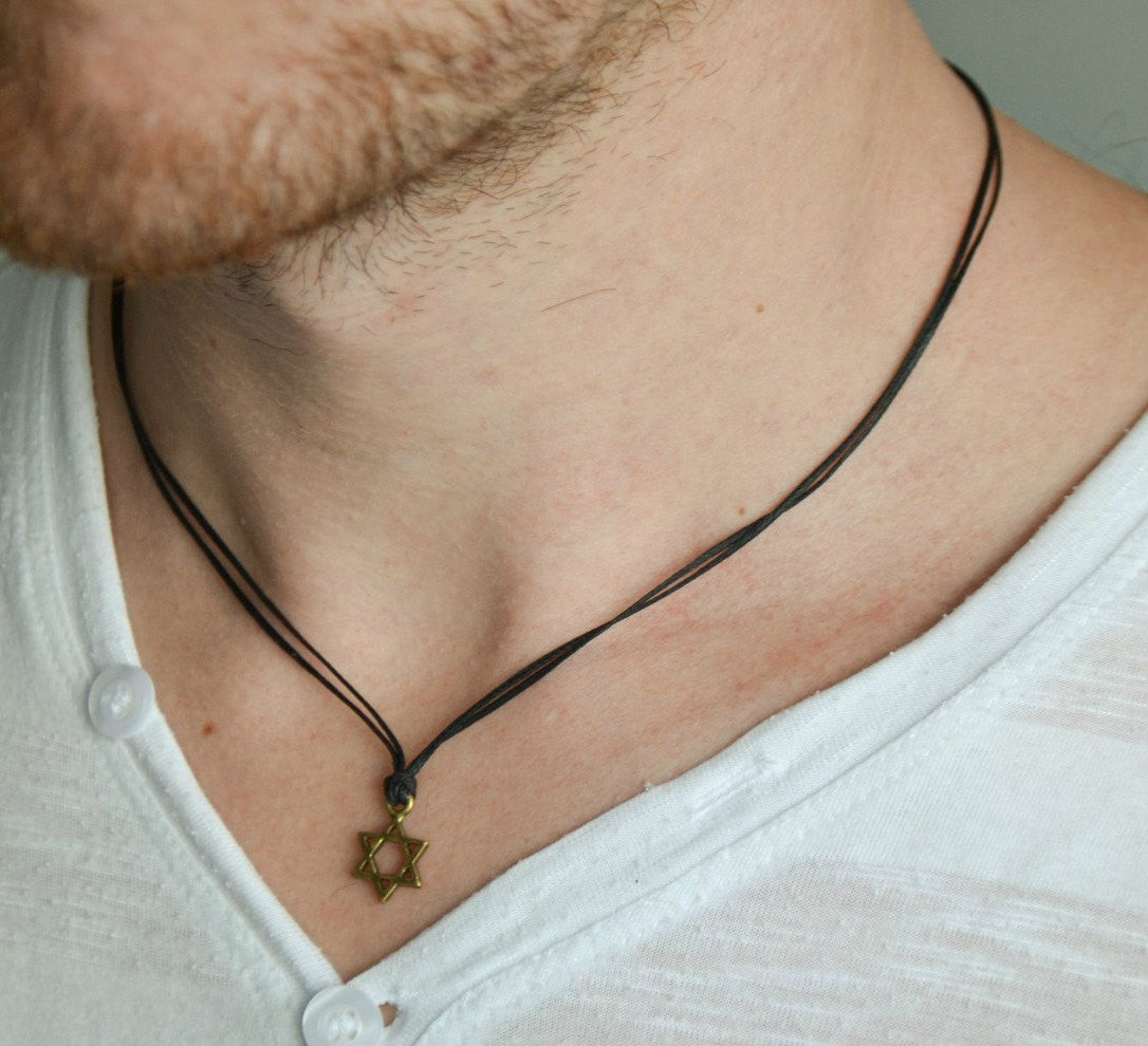 Bronze Star of David necklace for men, black cord - shani-adi-jewerly