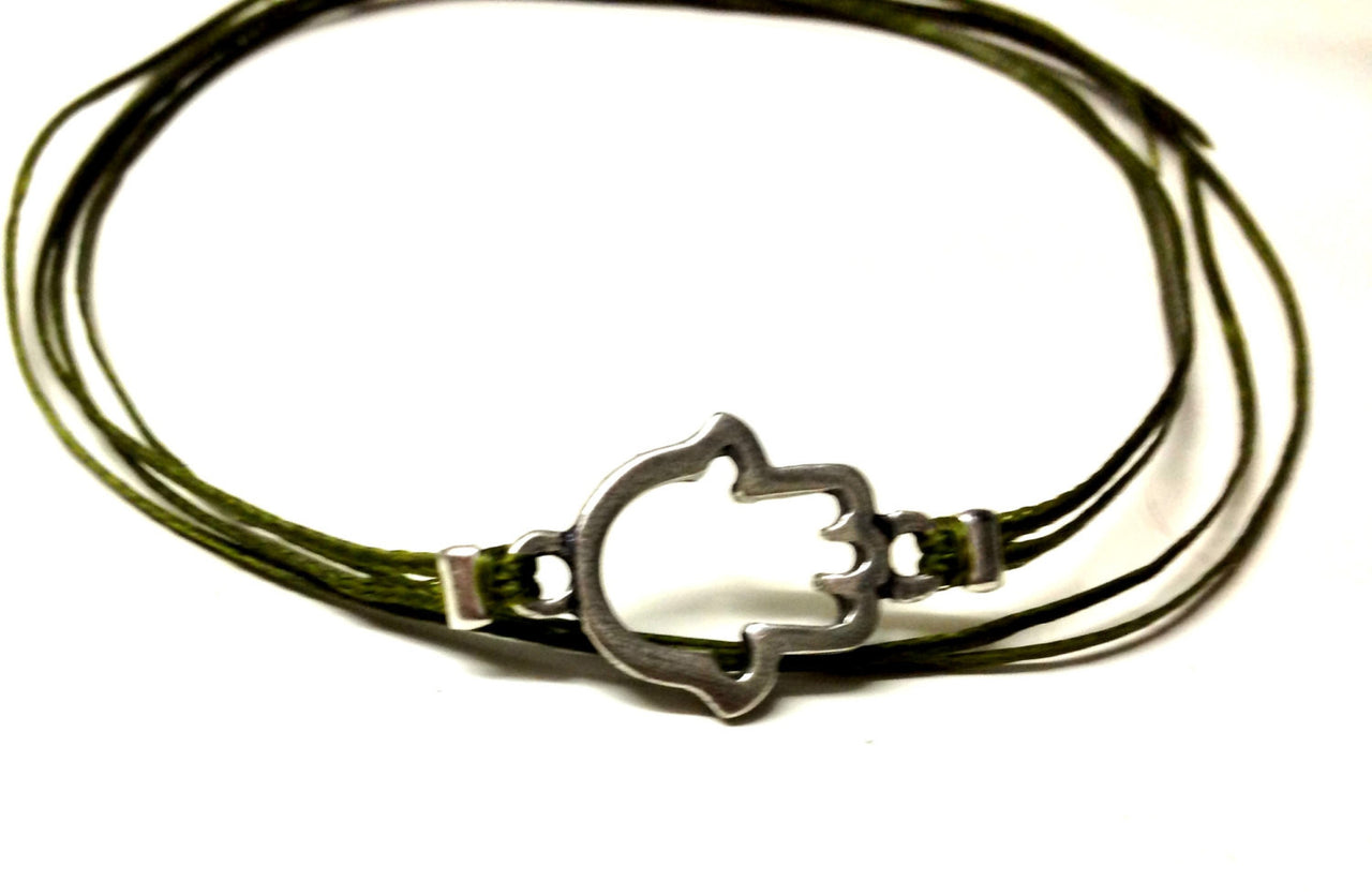 Silver Hamsa anklet, green cord - shani-adi-jewerly
